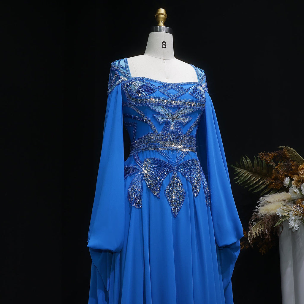Blue Sequin Beaded Sparkling Evening Dress with Cap Sleeve SS562