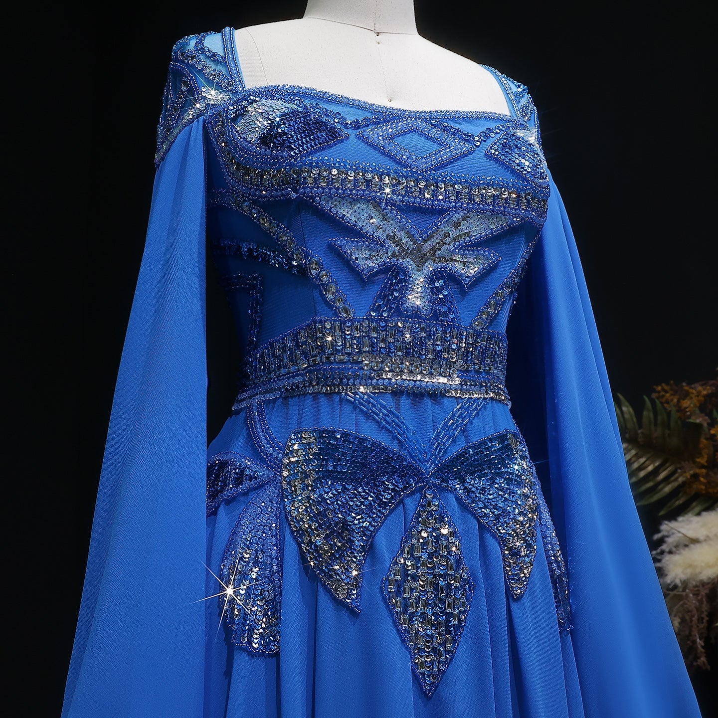 Blue Sequin Beaded Sparkling Evening Dress with Cap Sleeve SS562