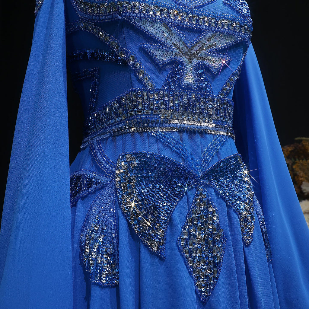 Blue Sequin Beaded Sparkling Evening Dress with Cap Sleeve SS562