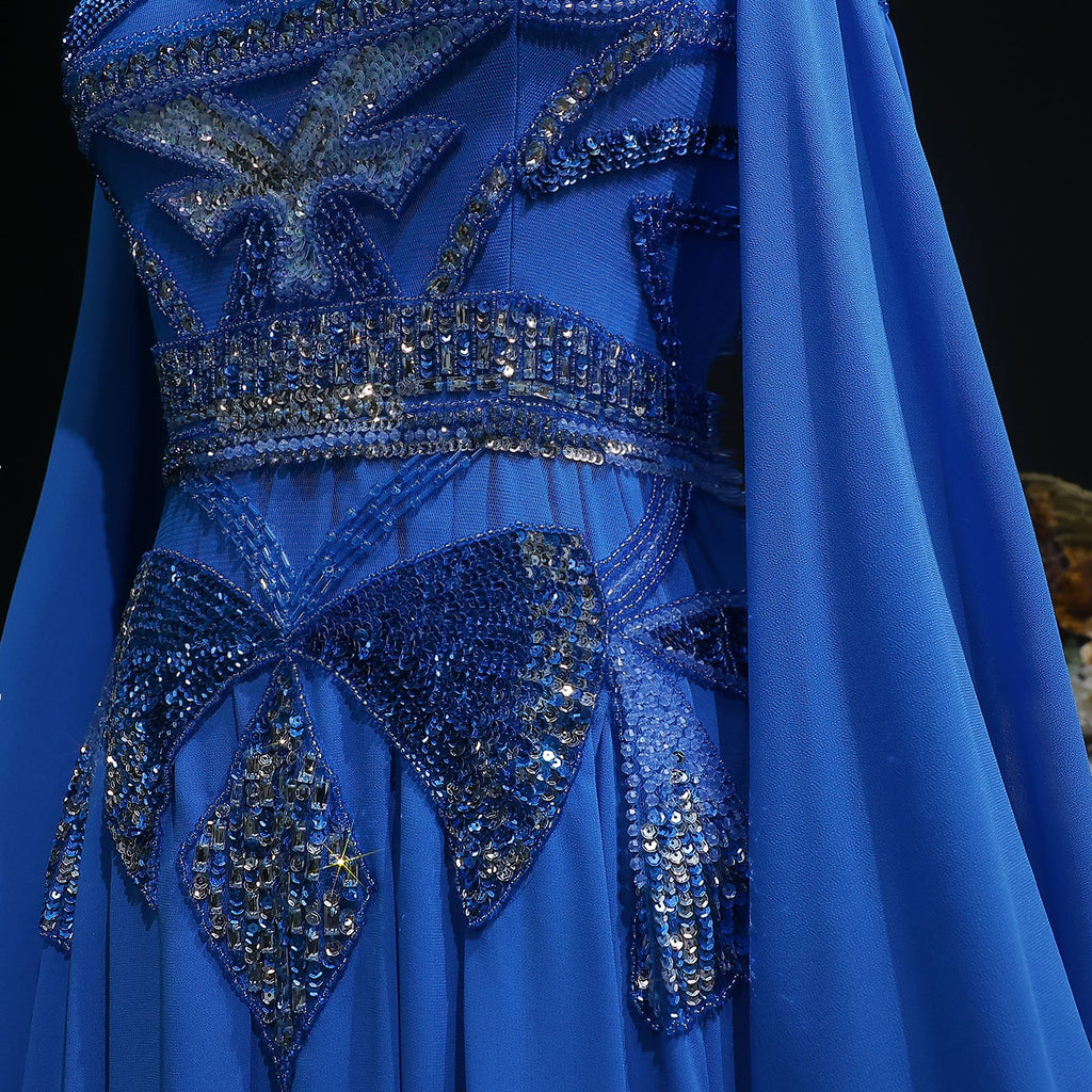 Blue Sequin Beaded Sparkling Evening Dress with Cap Sleeve SS562
