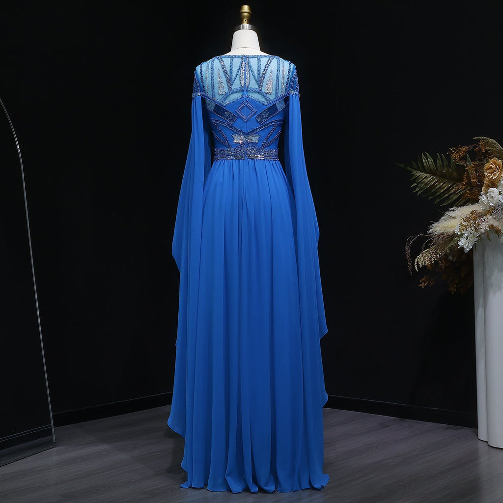 Blue Sequin Beaded Sparkling Evening Dress with Cap Sleeve SS562