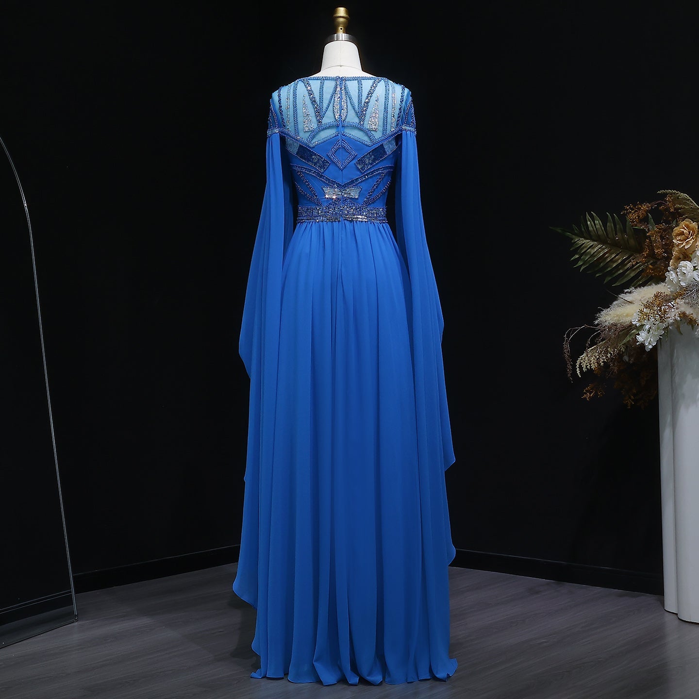 Blue Sequin Beaded Sparkling Evening Dress with Cap Sleeve SS562