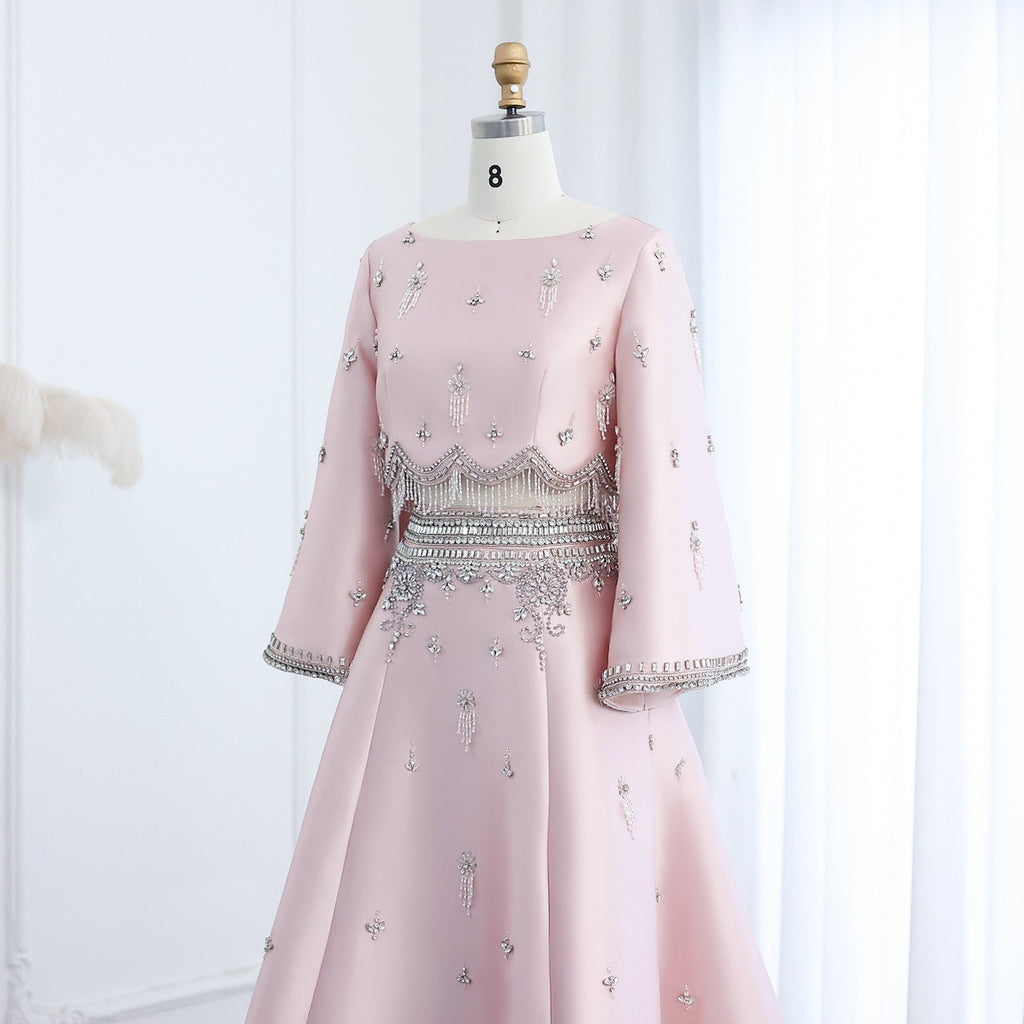 Luxury Burgundy Long Sleeve Crystal Beaded 2-Piece Evening Dress SS573