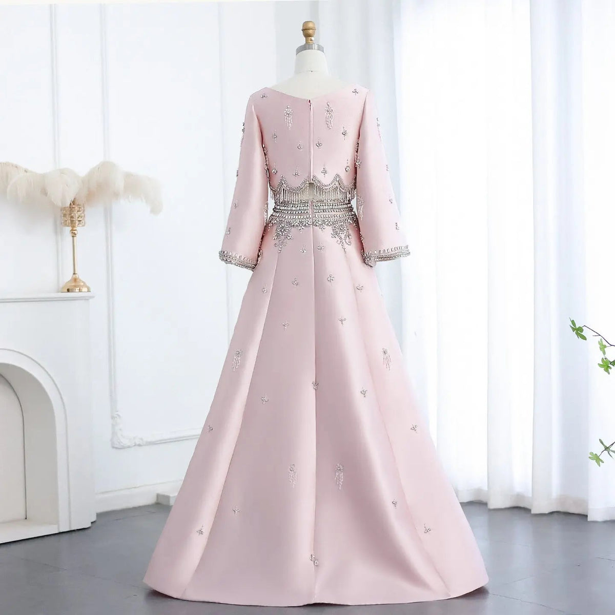 Luxury Burgundy Crystal Beaded 2 Piece Long Sleeve Evening Dress SS573