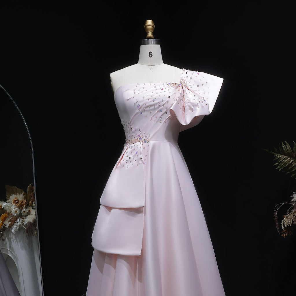 Elegant Crystal Lavender A-Line Pleats Satin Evening Dress SS592