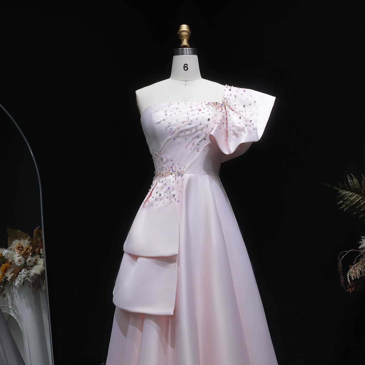 Elegant Crystal Lavender A-Line Pleats Satin Evening Dress SS592