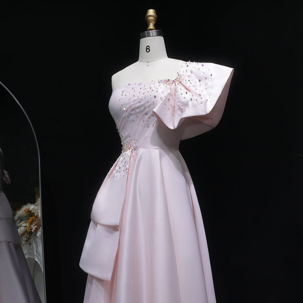 Elegant Crystal Lavender A-Line Pleats Satin Evening Dress SS592