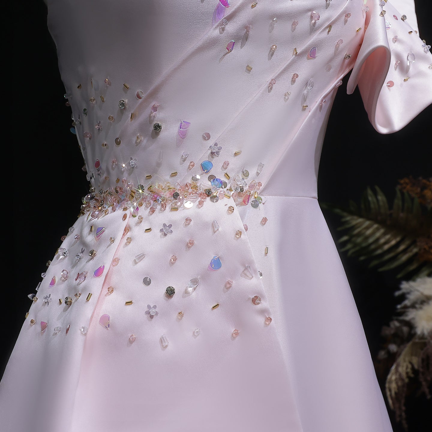 Elegant Crystal Lavender A-Line Pleats Satin Evening Dress SS592