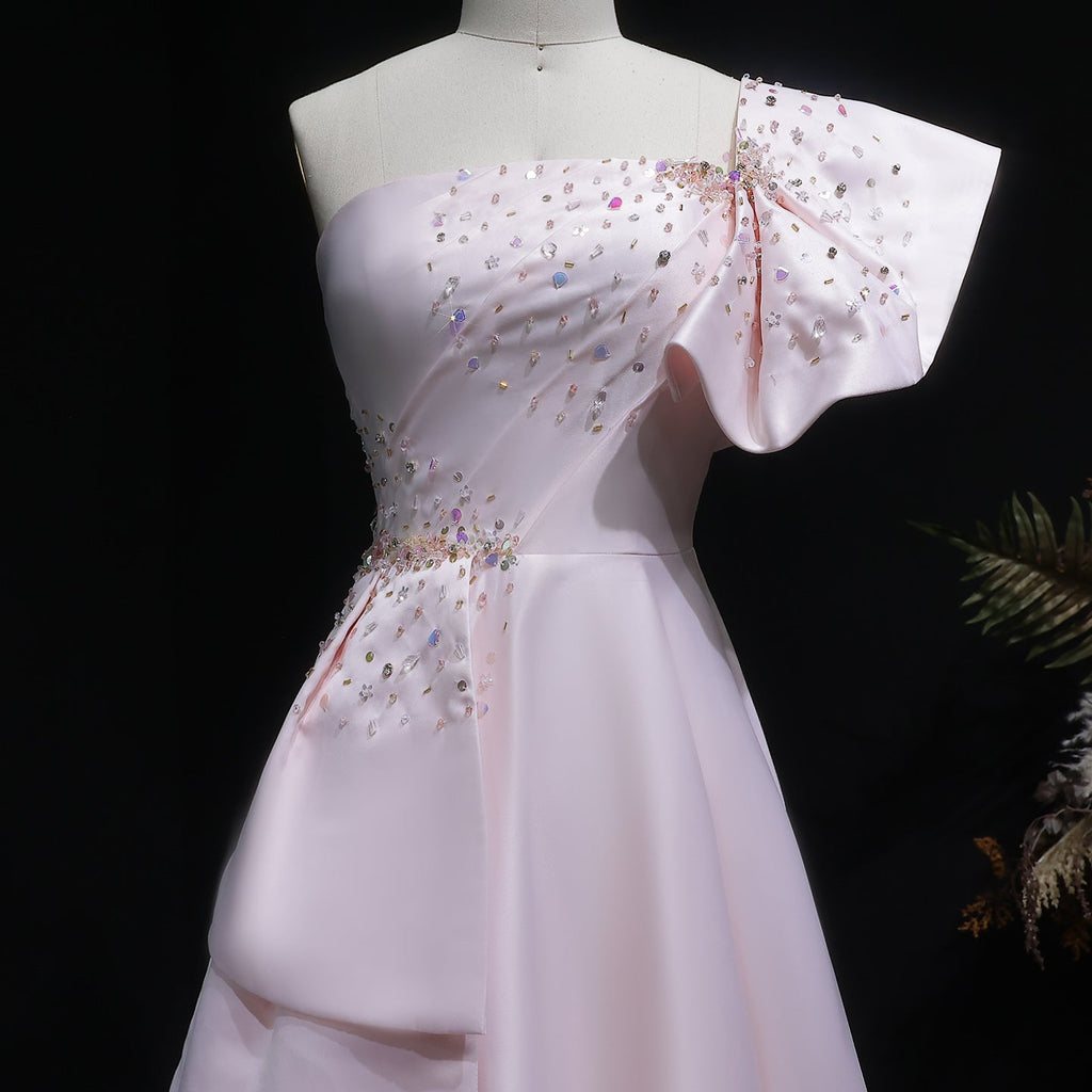 Elegant Crystal Lavender A-Line Pleats Satin Evening Dress SS592