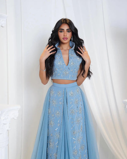 Luxury Blue Beaded 2 pieces Evening Dress with ruffles SS597