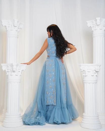 Luxury Blue Beaded 2 pieces Evening Dress with ruffles SS597