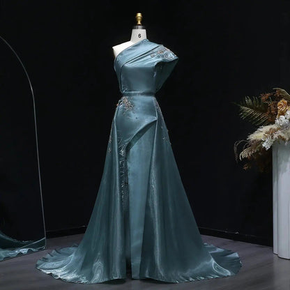Glamorous Turquoise One-Shoulder Crystal Evening Dress with Overskirt SS600