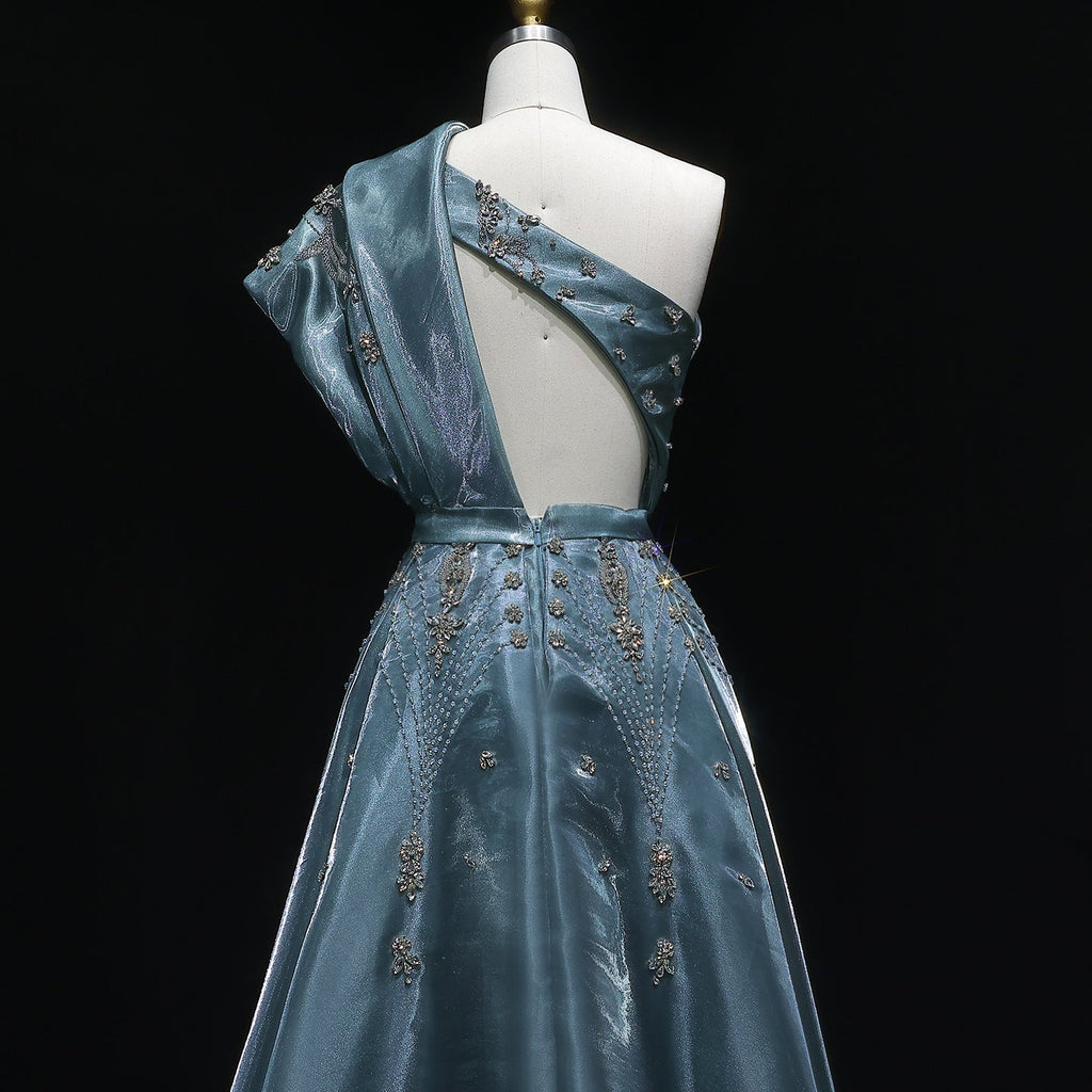 Luxury Turquoise Crystal One-Shoulder Evening Dress with Overskirt SS600