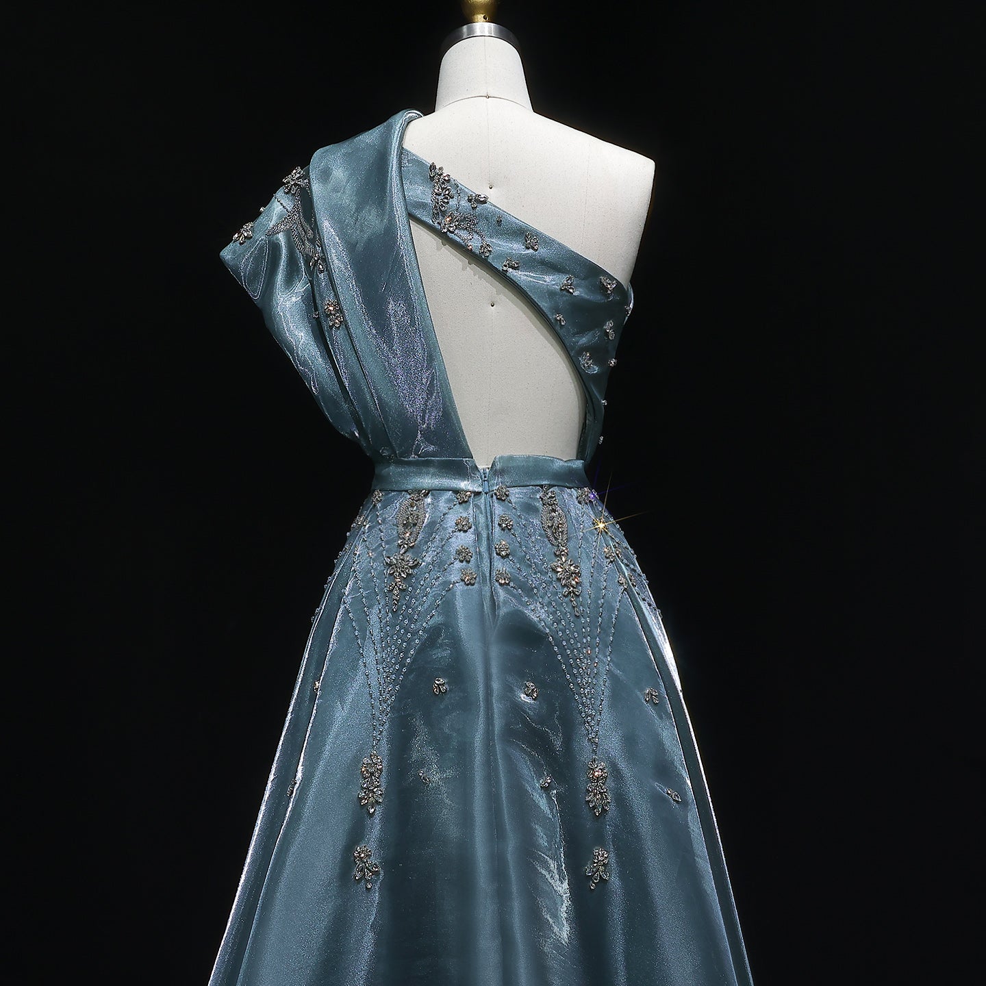 Luxury Turquoise Crystal One-Shoulder Evening Dress with Overskirt SS600