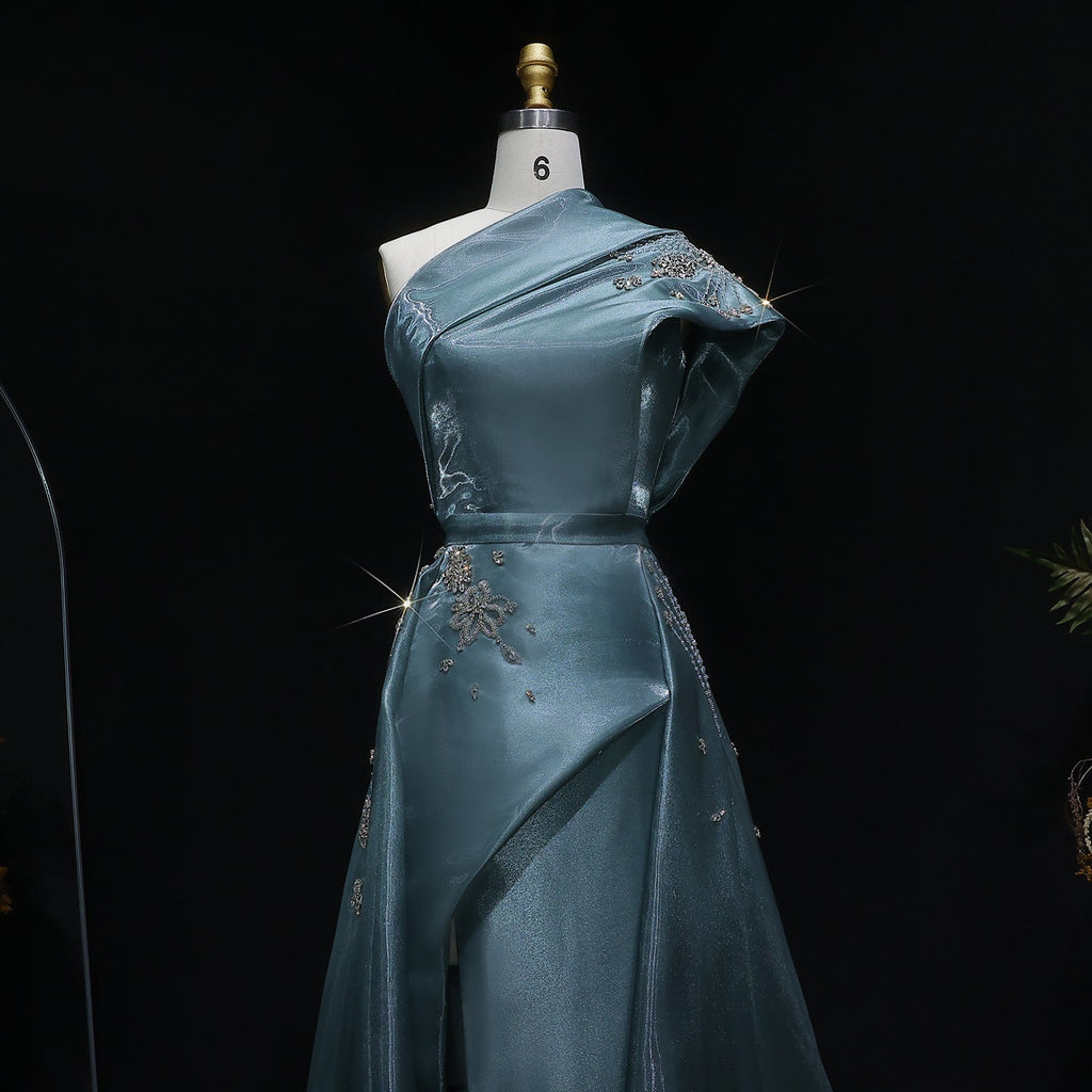 Luxury Turquoise Crystal One-Shoulder Evening Dress with Overskirt SS600