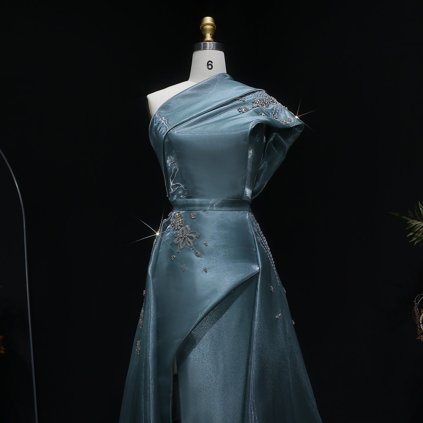 Luxury Turquoise Crystal One-Shoulder Evening Dress with Overskirt SS600