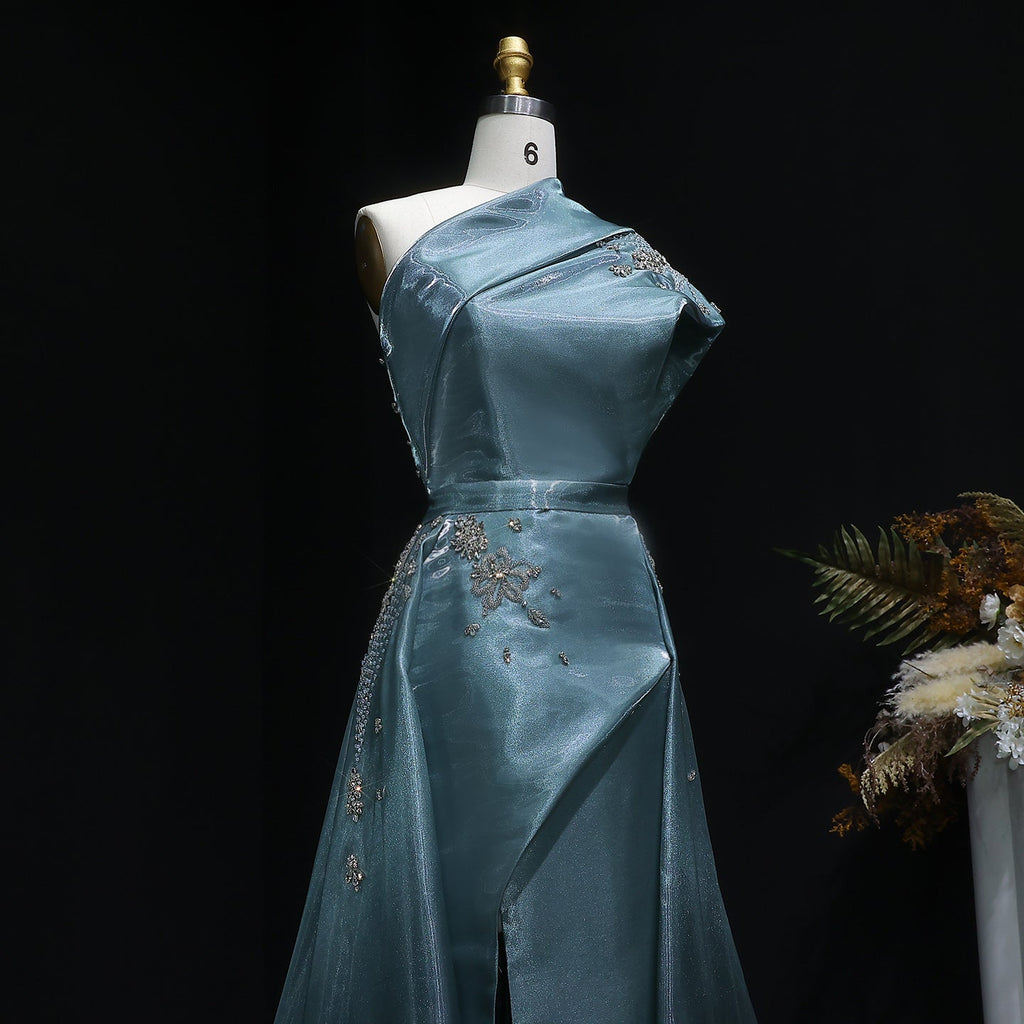 Luxury Turquoise Crystal One-Shoulder Evening Dress with Overskirt SS600