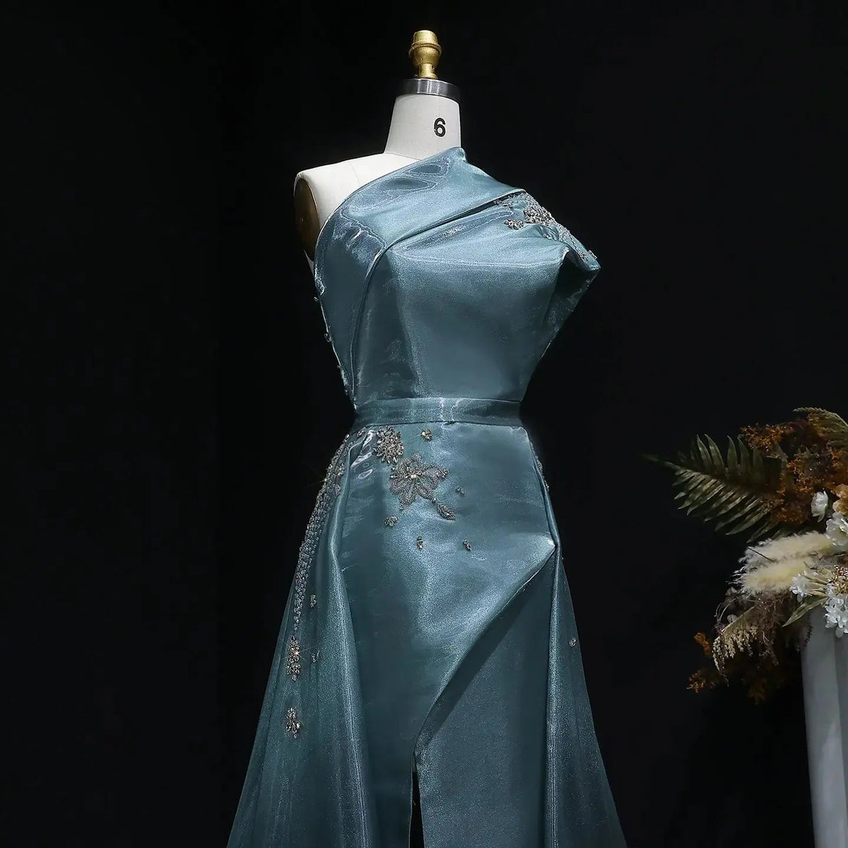 Glamorous Turquoise One-Shoulder Crystal Evening Dress with Overskirt SS600