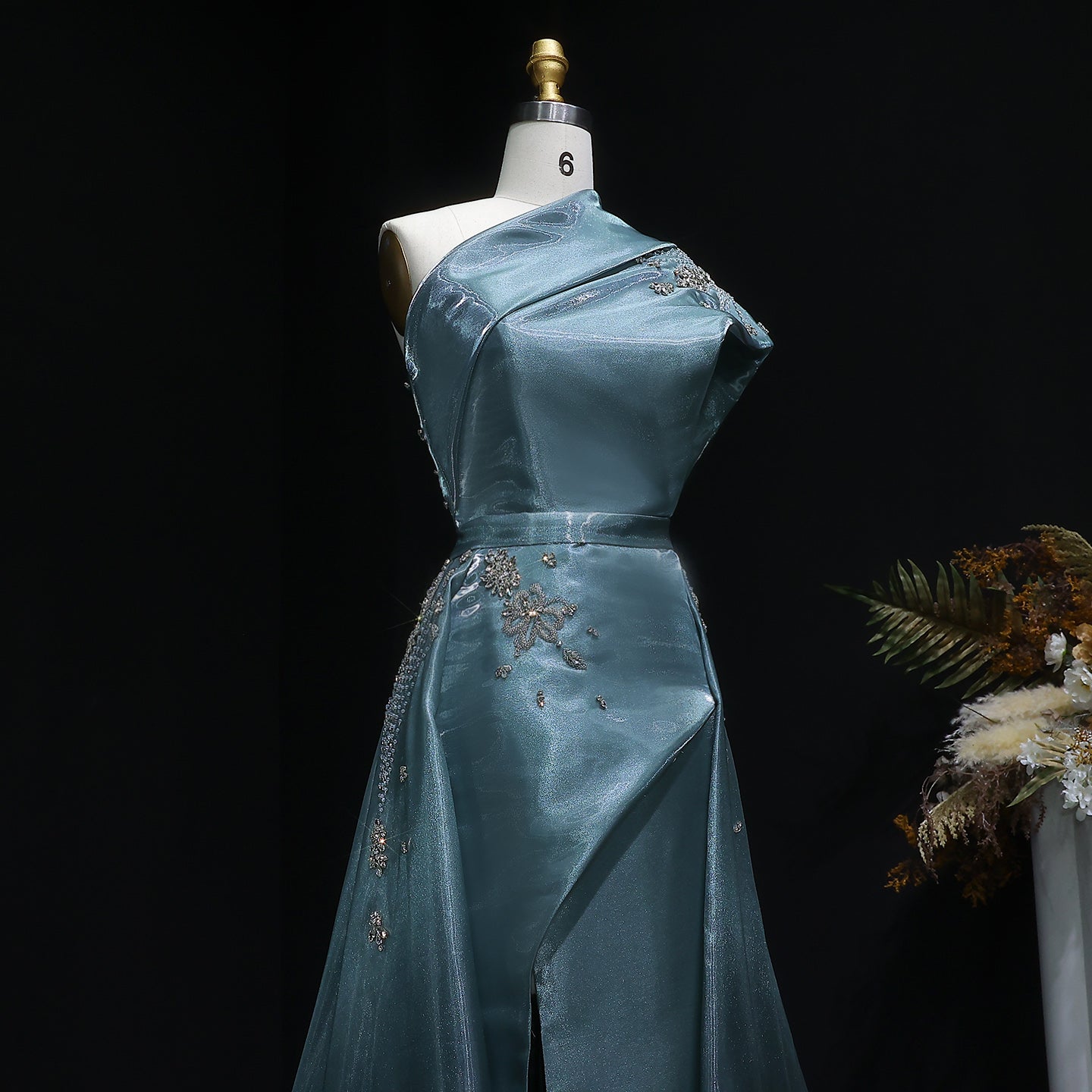Luxury Turquoise Crystal One-Shoulder Evening Dress with Overskirt SS600