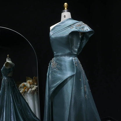 Glamorous Turquoise One-Shoulder Crystal Evening Dress with Overskirt SS600
