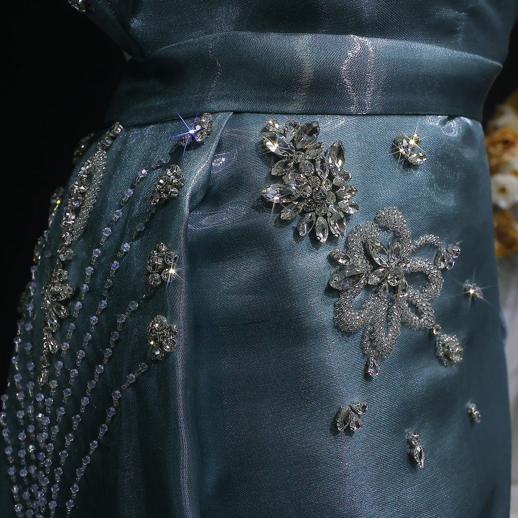 Luxury Turquoise Crystal One-Shoulder Evening Dress with Overskirt SS600