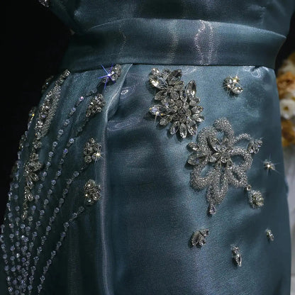 Glamorous Turquoise One-Shoulder Crystal Evening Dress with Overskirt SS600