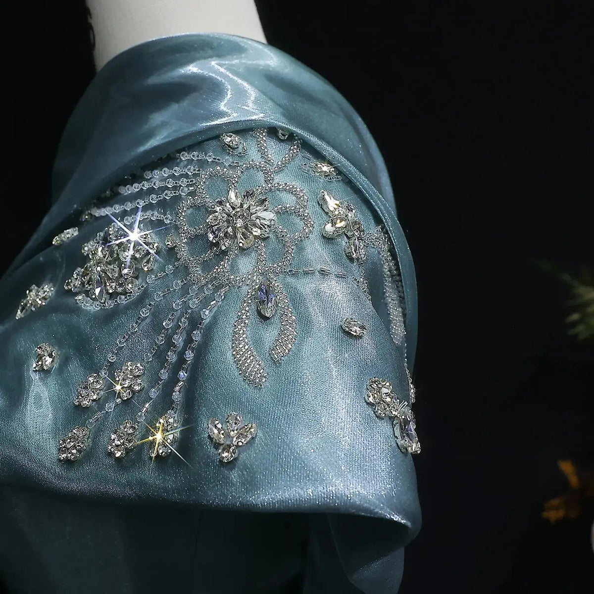 Glamorous Turquoise One-Shoulder Crystal Evening Dress with Overskirt SS600