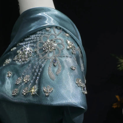 Glamorous Turquoise One-Shoulder Crystal Evening Dress with Overskirt SS600
