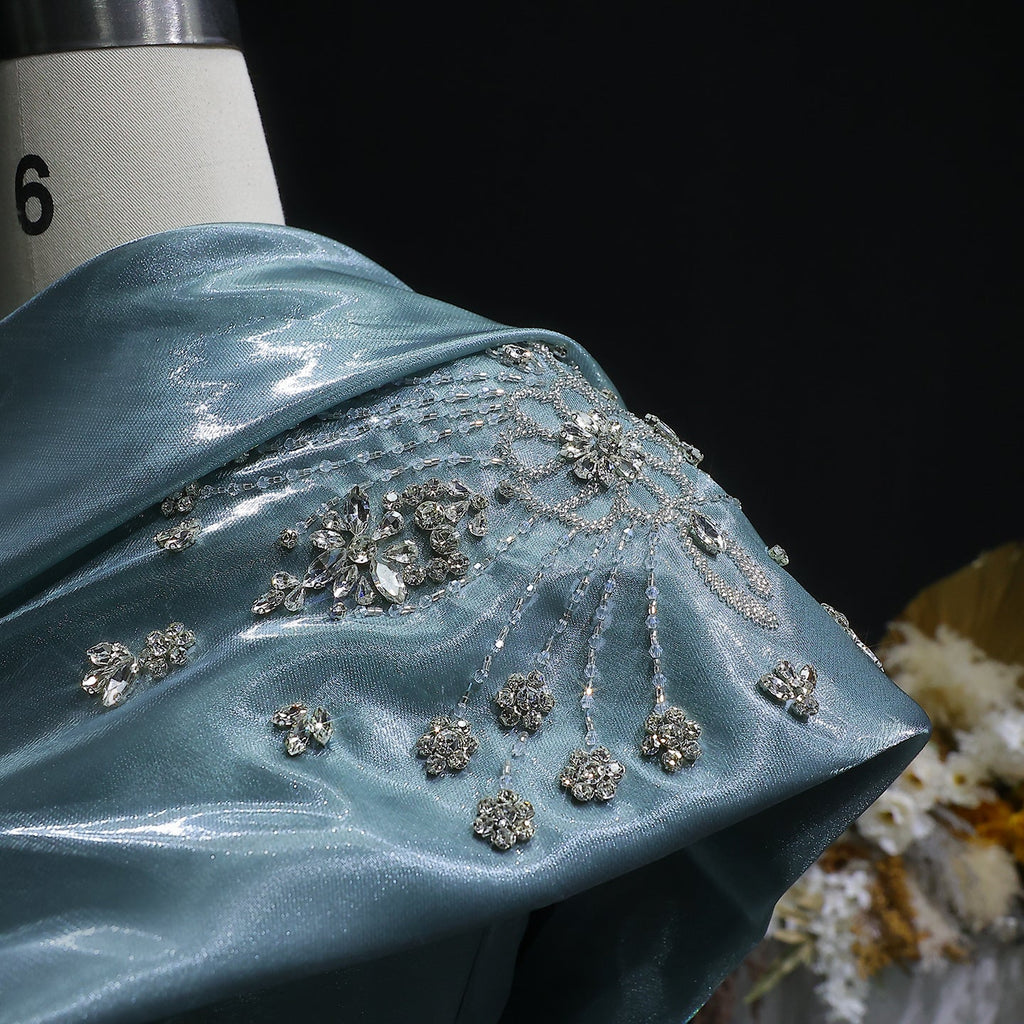 Luxury Turquoise Crystal One-Shoulder Evening Dress with Overskirt SS600