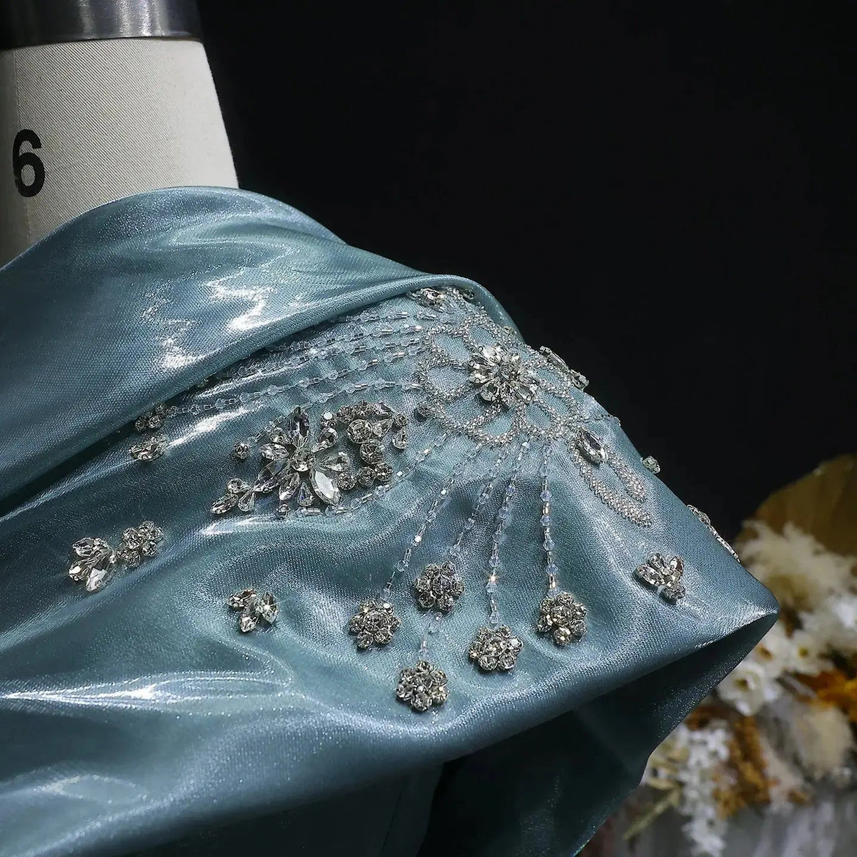 Glamorous Turquoise One-Shoulder Crystal Evening Dress with Overskirt SS600