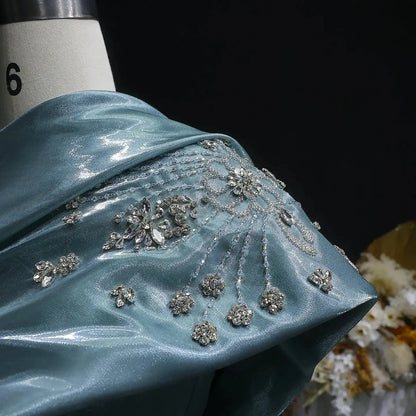 Glamorous Turquoise One-Shoulder Crystal Evening Dress with Overskirt SS600