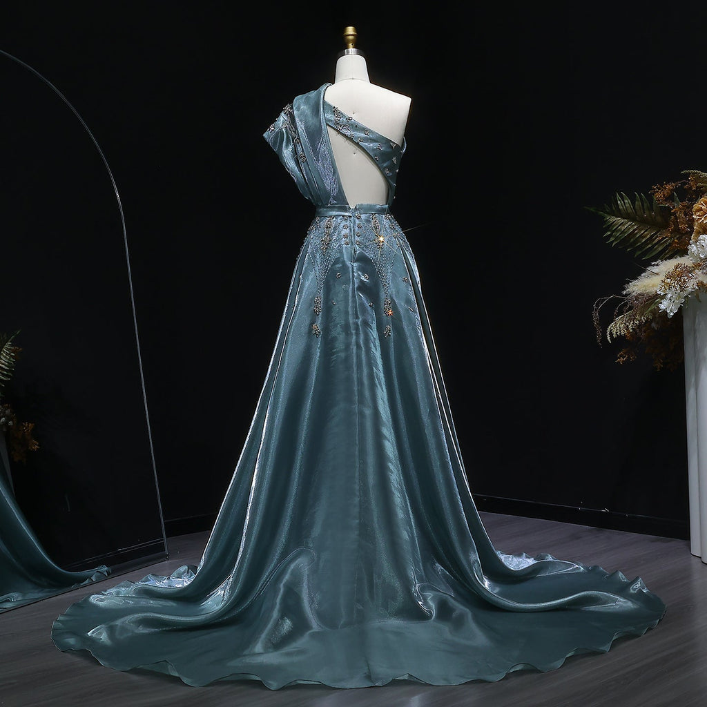 Luxury Turquoise Crystal One-Shoulder Evening Dress with Overskirt SS600
