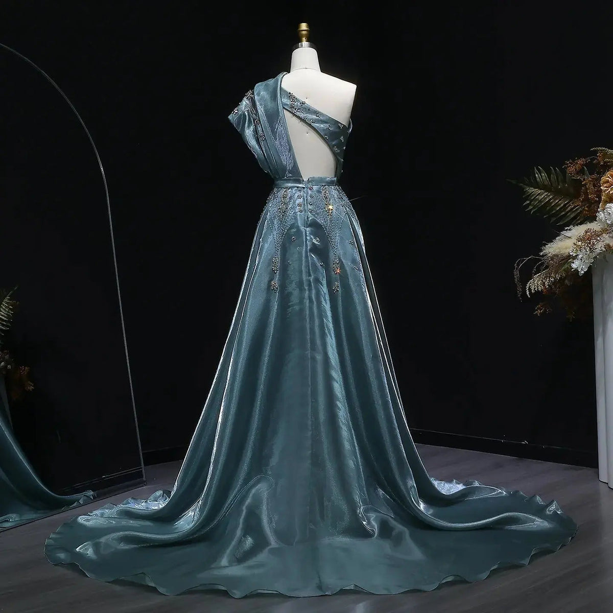 Glamorous Turquoise One-Shoulder Crystal Evening Dress with Overskirt SS600