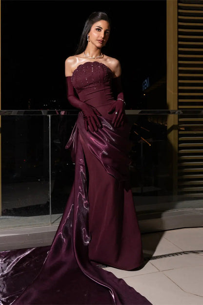 Romantic Burgundy Strapless Beaded Evening Dress with Statement Satin Draped Train SS608