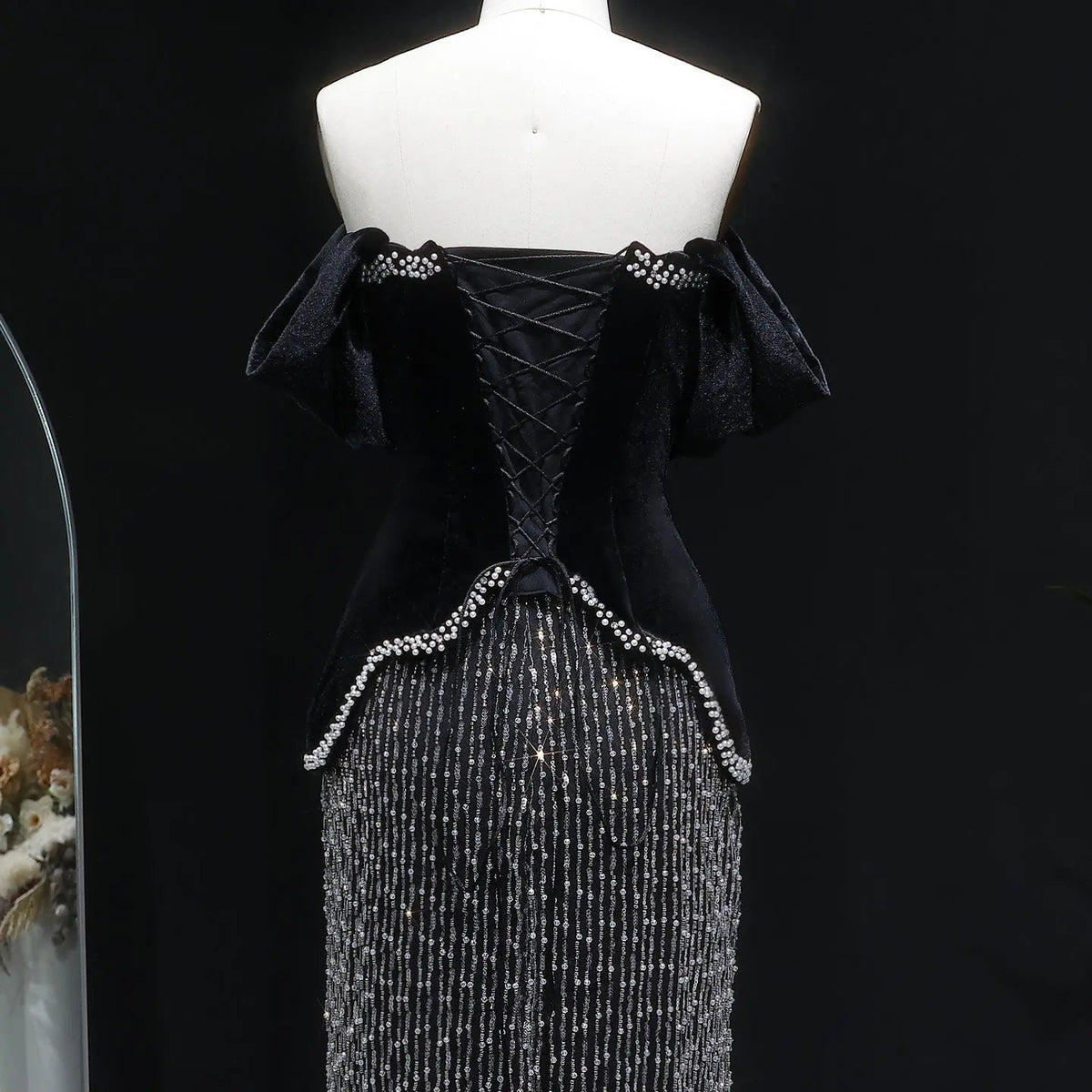 Luxury Black Off Shoulder Sequin Pearl Evening Dress SS615