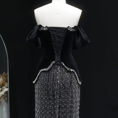 Luxury Black Off Shoulder Sequin Pearl Evening Dress SS615