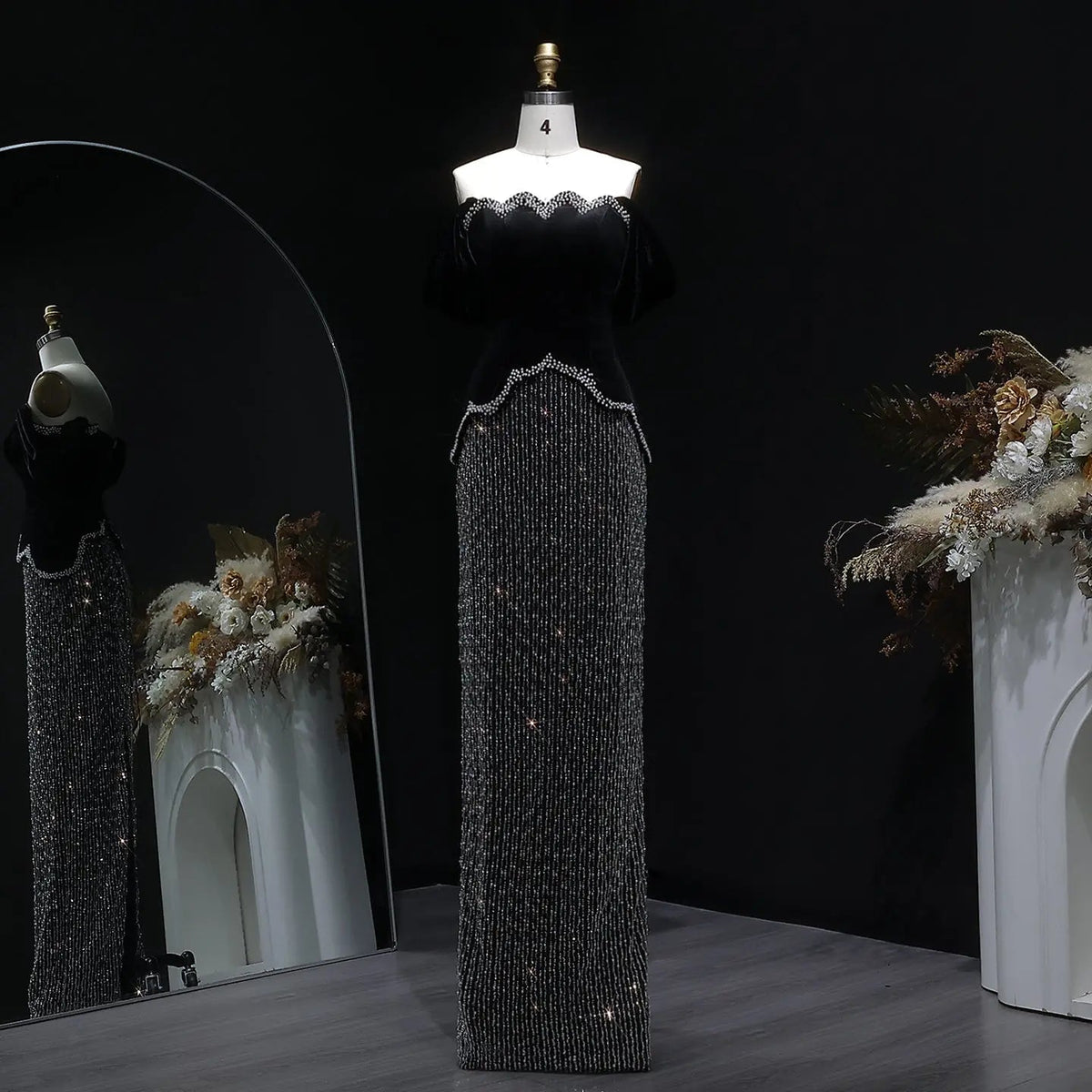 Luxury Black Off Shoulder Sequin Pearl Evening Dress SS615