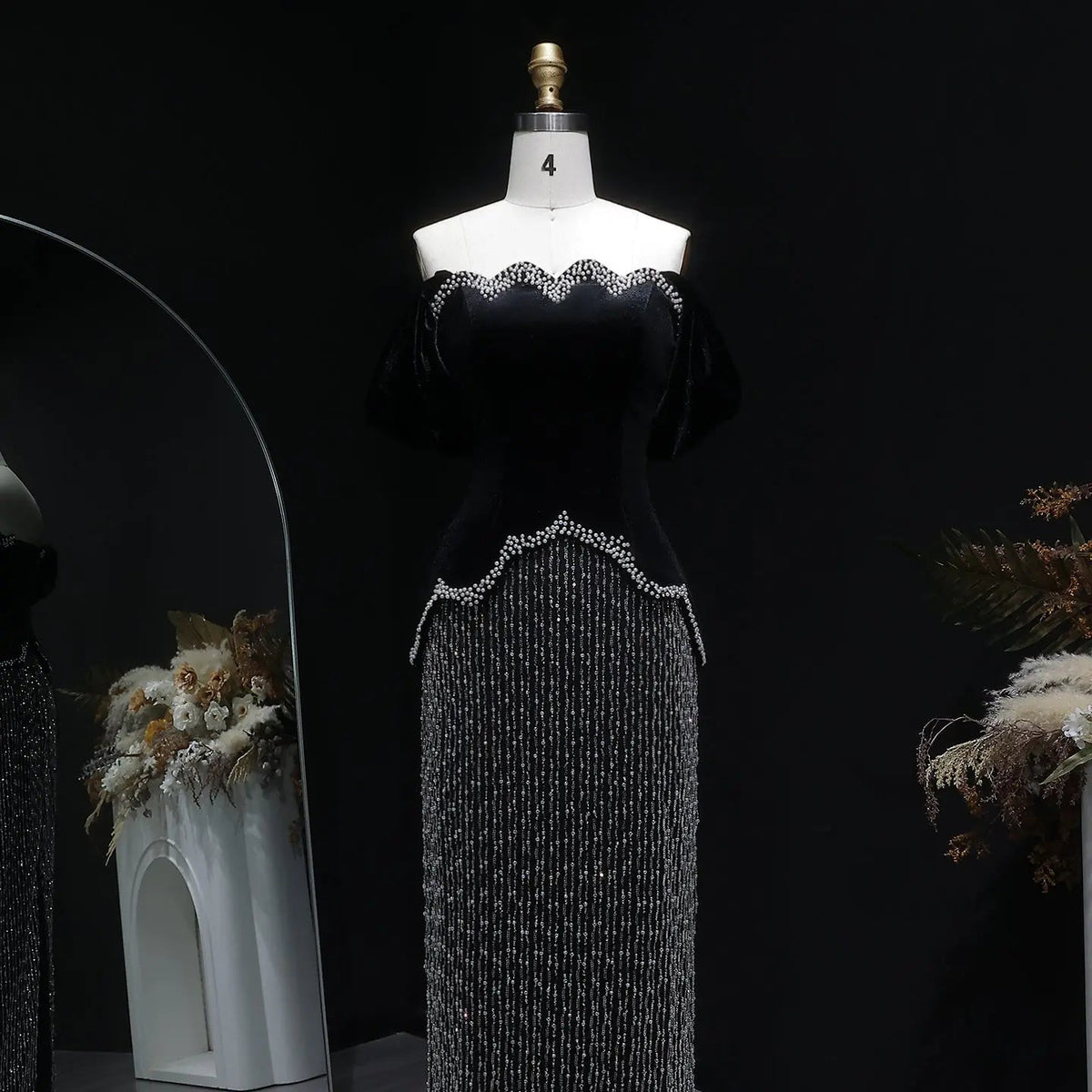 Luxury Black Off Shoulder Sequin Pearl Evening Dress SS615