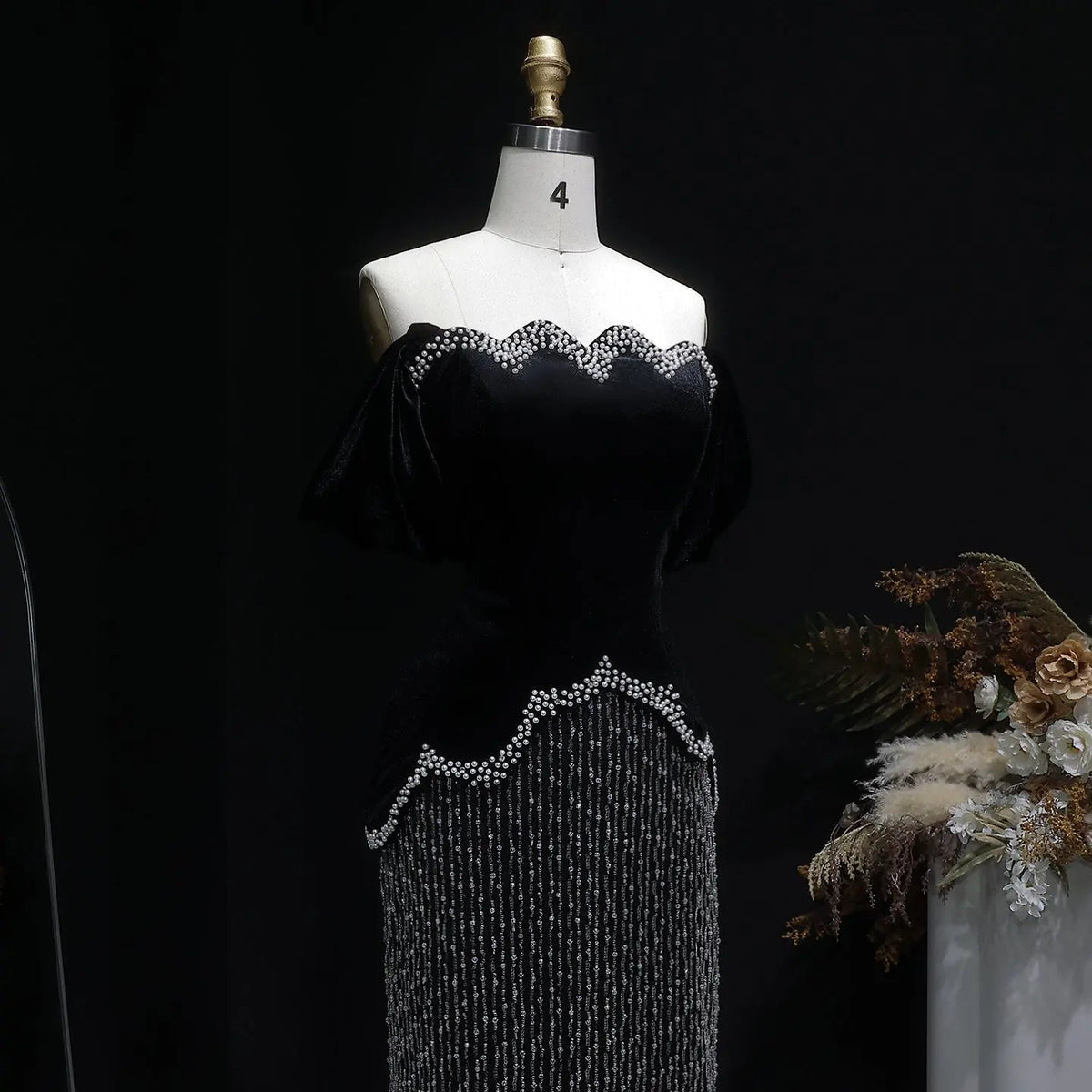 Luxury Black Off Shoulder Sequin Pearl Evening Dress SS615