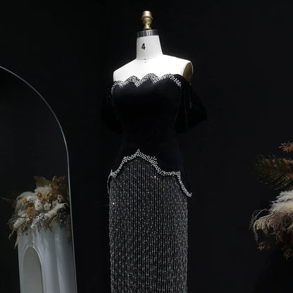 Luxury Black Off Shoulder Sequin Pearl Evening Dress SS615