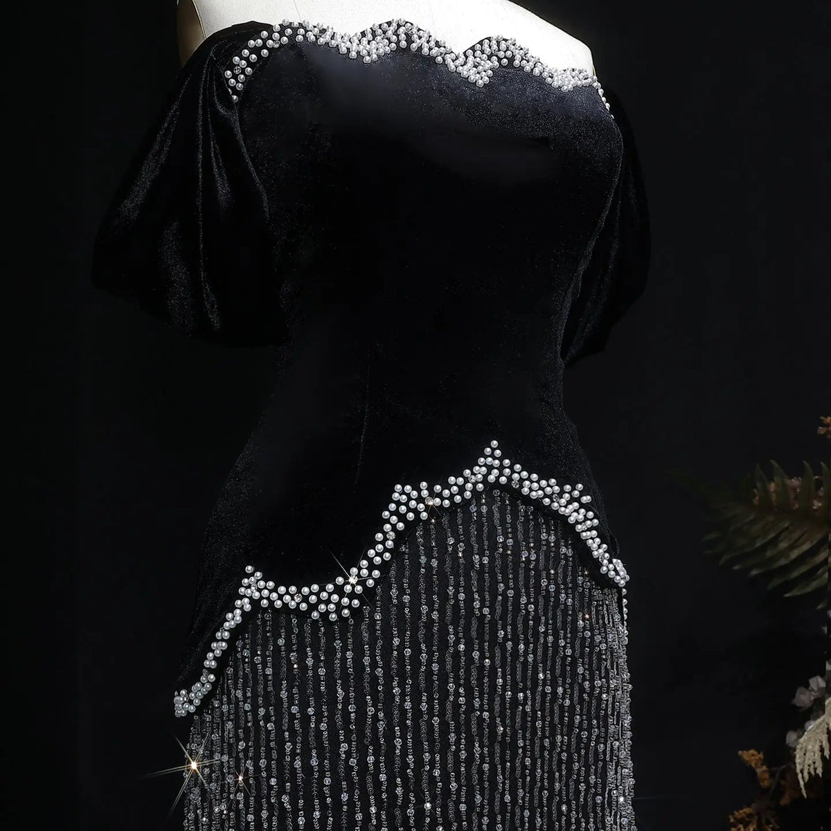 Luxury Black Off Shoulder Sequin Pearl Evening Dress SS615