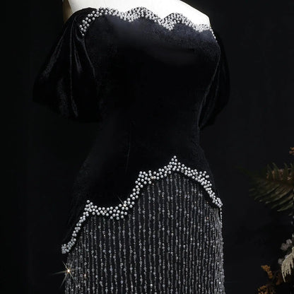 Luxury Black Off Shoulder Sequin Pearl Evening Dress SS615