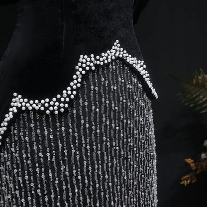 Luxury Black Off Shoulder Sequin Pearl Evening Dress SS615