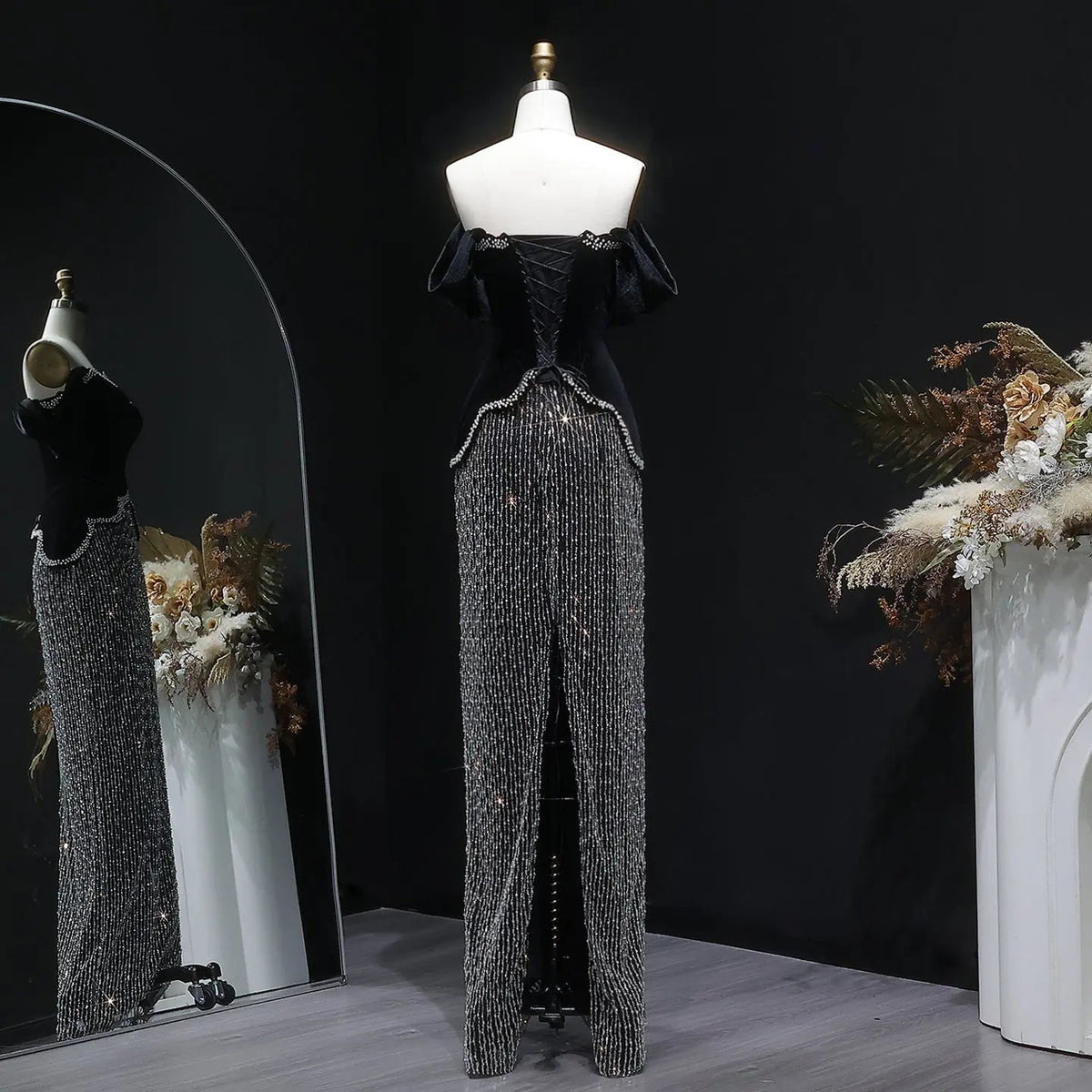 Luxury Black Off Shoulder Sequin Pearl Evening Dress SS615