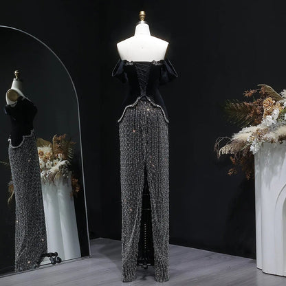 Luxury Black Off Shoulder Sequin Pearl Evening Dress SS615