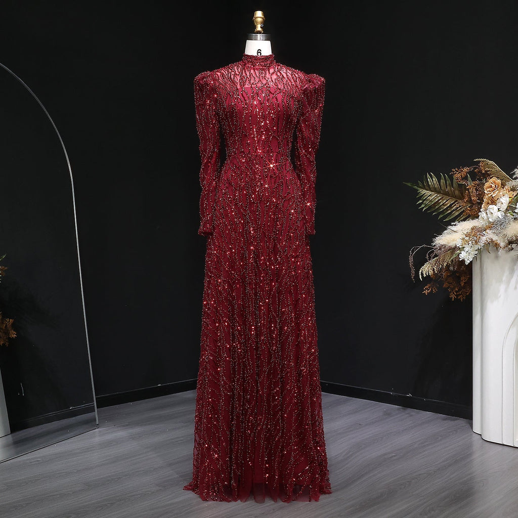 Luxury Wine Red Sequin Long Sleeve Evening Dress SS618