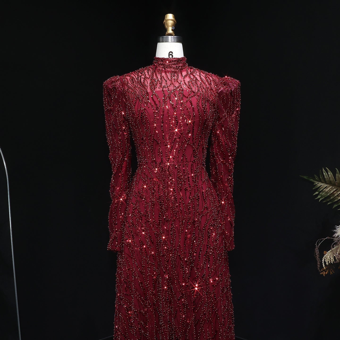 Luxury Wine Red Sequin Long Sleeve Evening Dress SS618