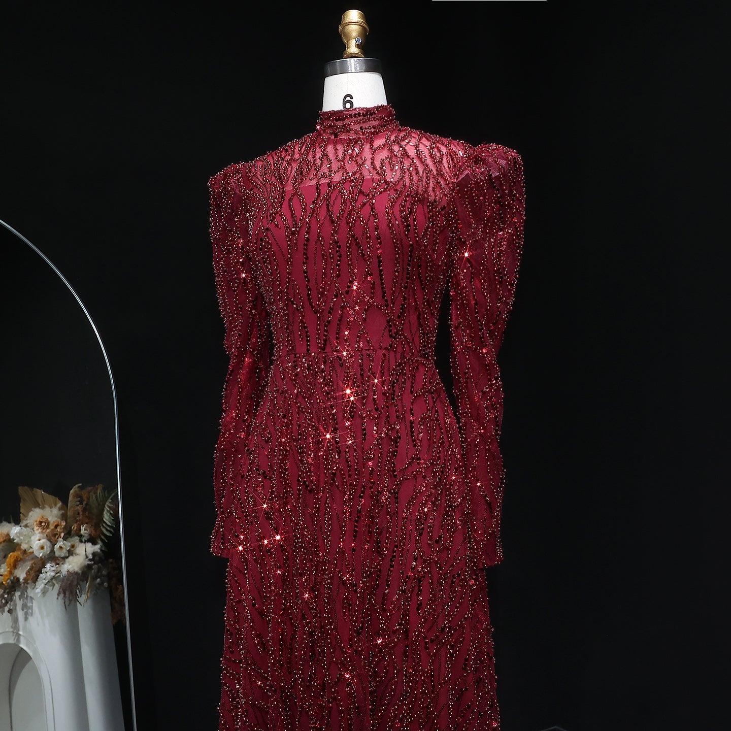Luxury Wine Red Sequin Long Sleeve Evening Dress SS618
