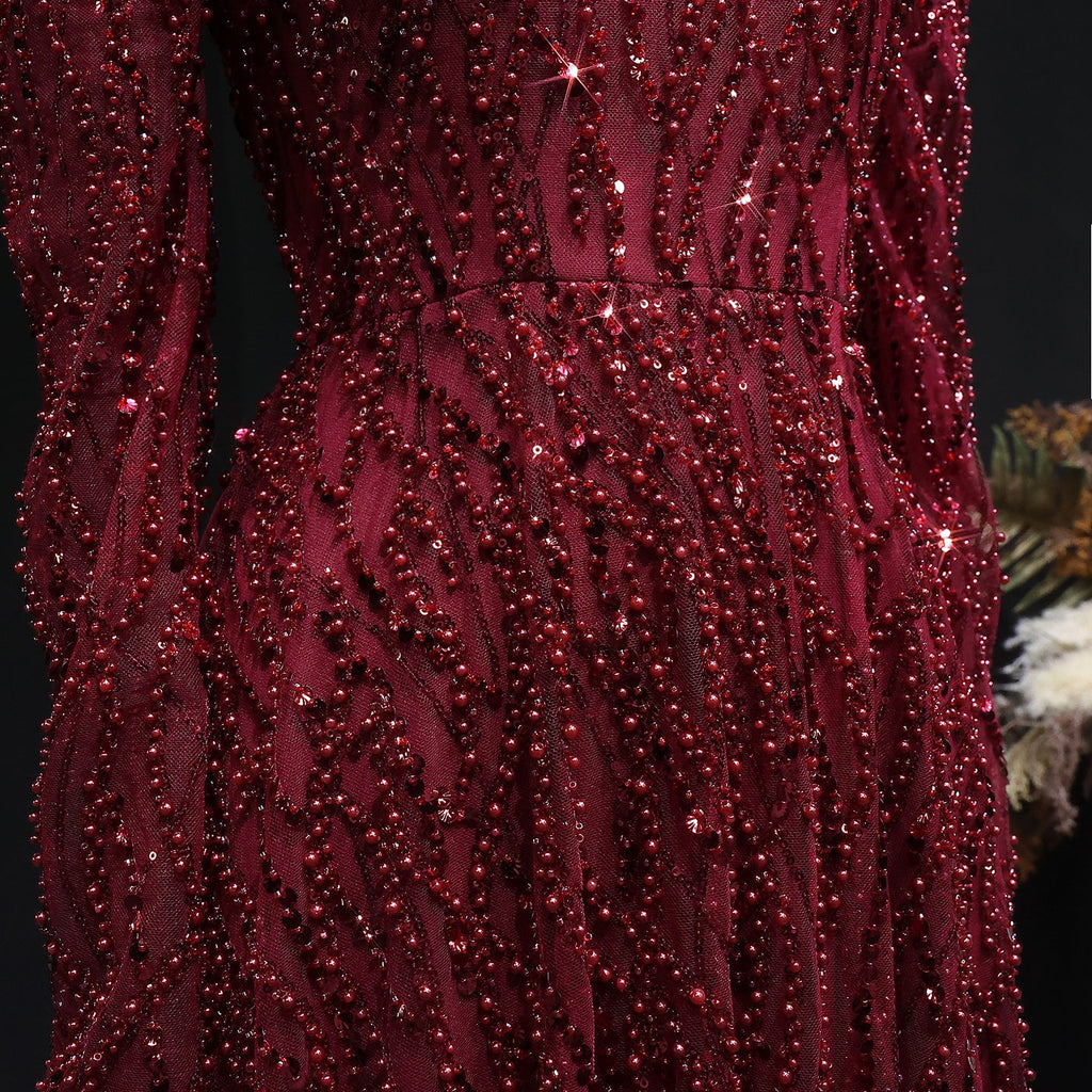 Luxury Wine Red Sequin Long Sleeve Evening Dress SS618