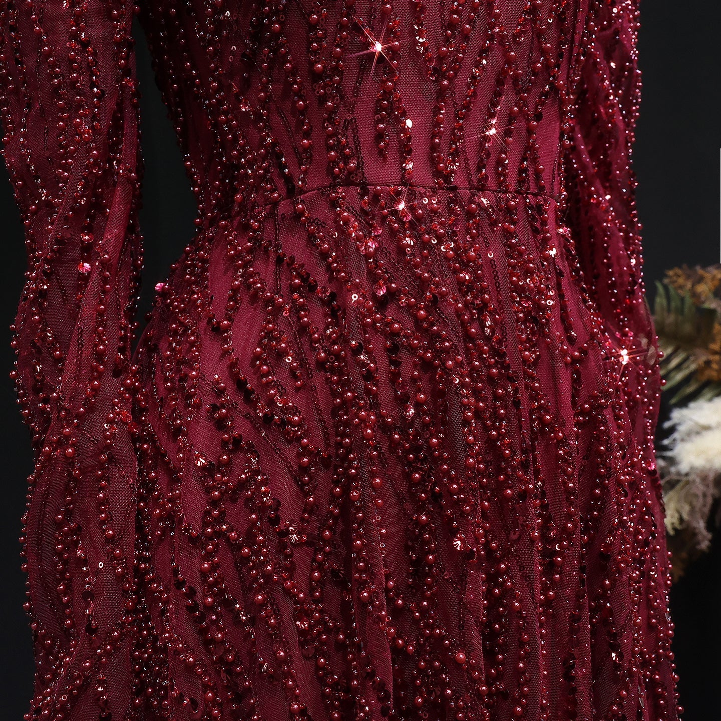Luxury Wine Red Sequin Long Sleeve Evening Dress SS618